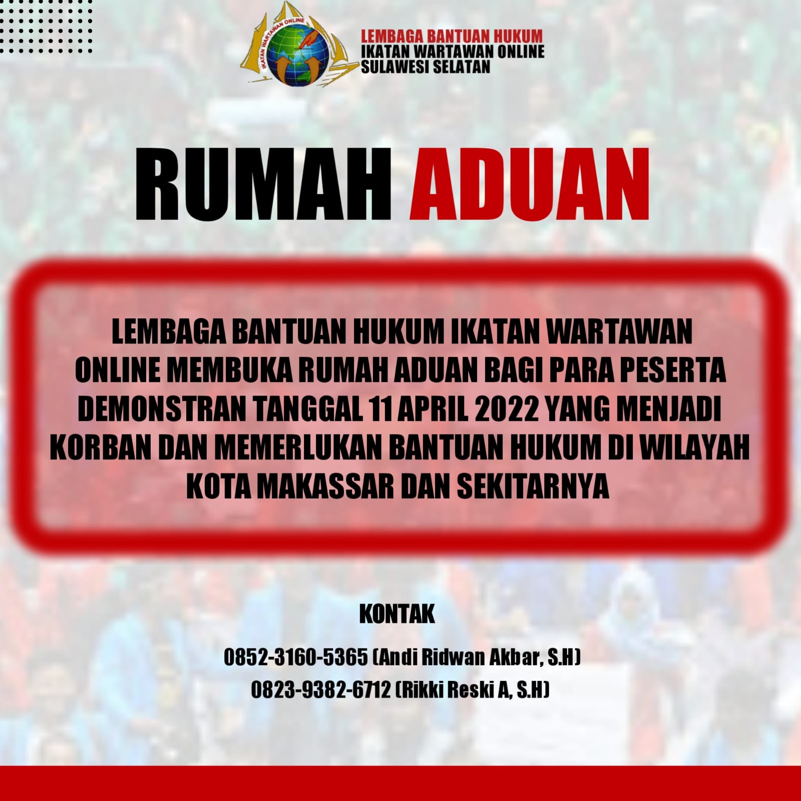 Jelang Aksi BEM SI 11 April, LBH IWO Sulsel Buka Layanan Pengaduan