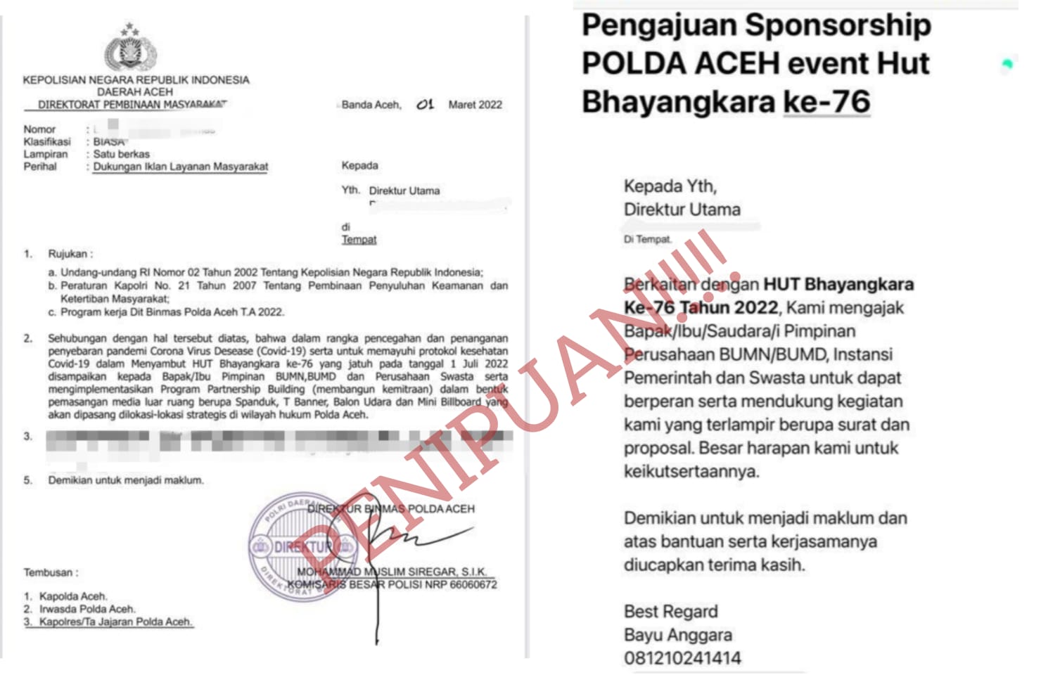 Polda Aceh Menghimbau Masyarakat Mewaspadai Penipuan “BERKAMUFLASE” Sponsorship Hari Bhayangkara Polri