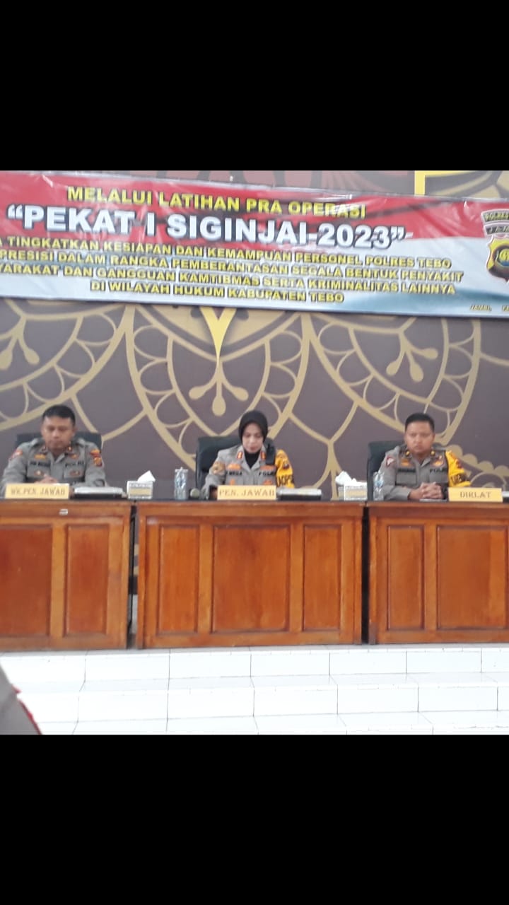 Kapolres Tebo Akbp Fitria Mega M.psi.Psi Didampingi Wakapolres Tebo Kompol Deni Mulyadi SE Membuka Latihan  Pra Operasi  Kewilayaan  PEKAT I SIGINJAI 2023 Di Aula Wira Astha Brata Polres Tebo