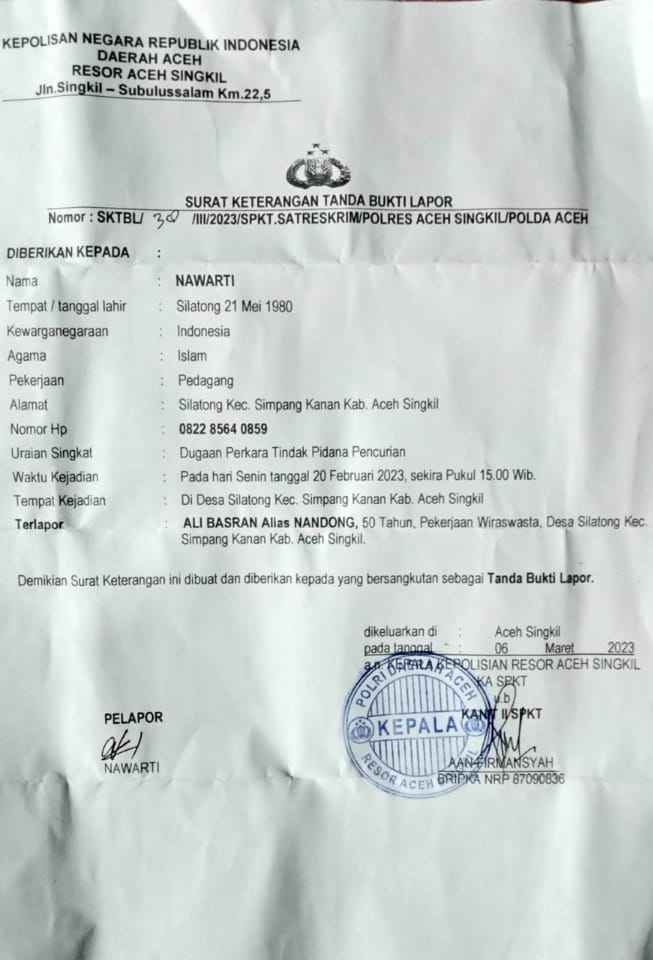 Hj. Nawarti Dan Kuasa Hukumnya Resmi Melaporkan Tersangka 406 Inisial Nandong Ke Polres Aceh Singkil