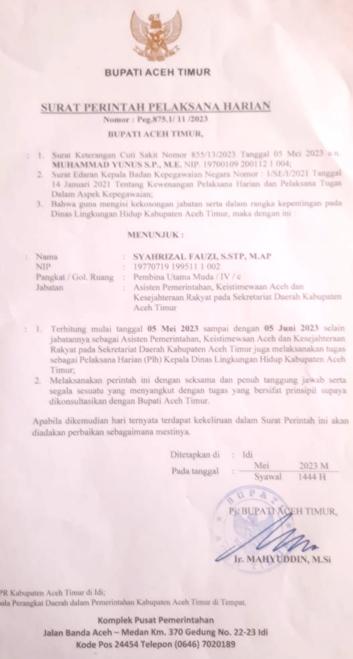 Kadis DLH Cuti Sakit – PJ Bupat Aceh Timur Tunjuk Asisten I Jadi PLH