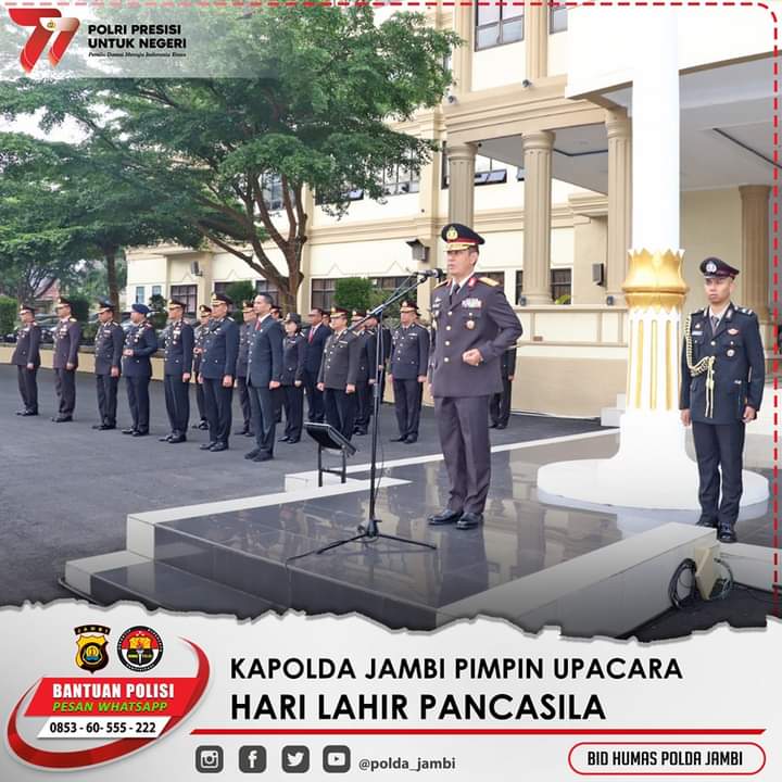 Kapolda Jambi Irjen Pol Rusdi Hartono  Pimpin Apel  Dalam Rangka Memperingati Hari Lahir Pancasila Di lapangan Apel Mapolda Jambi