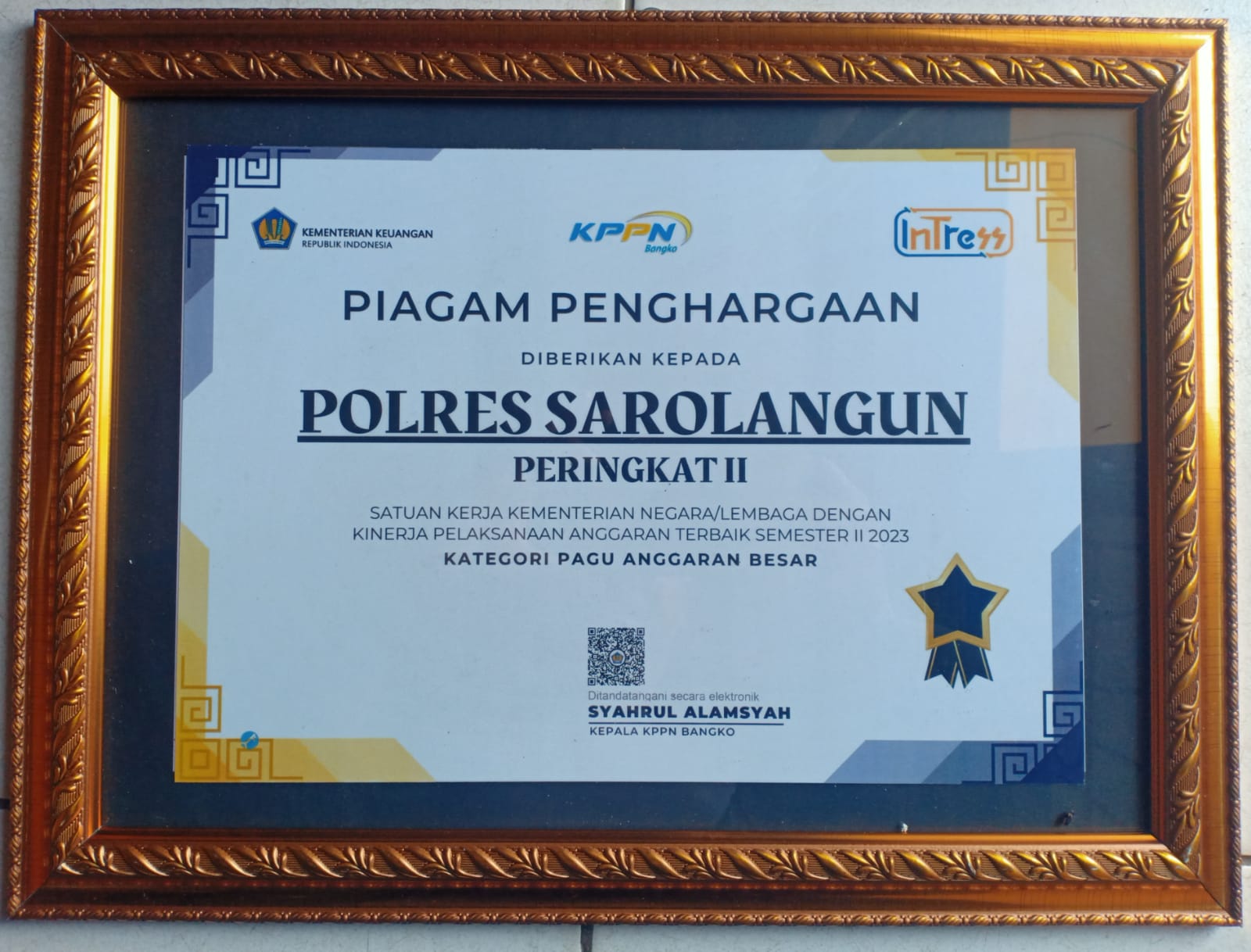 Polres Sarolangun Dapatkan Tiga Piagam Penghargaan pengelolaan Anggaran terbaik dari Kpkpn