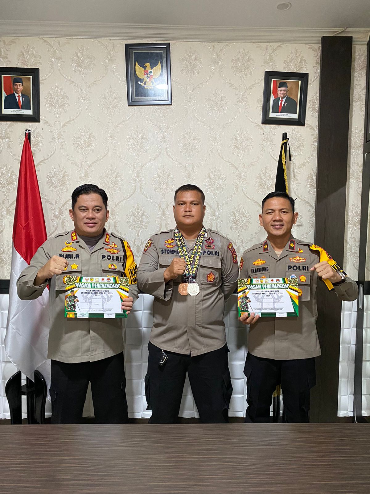 Raih medali Perak Personil Polres Merangin Ajang Karate Sumatera Open Piala Dandim 0416/Bute Open Festival Shokaido 2024.