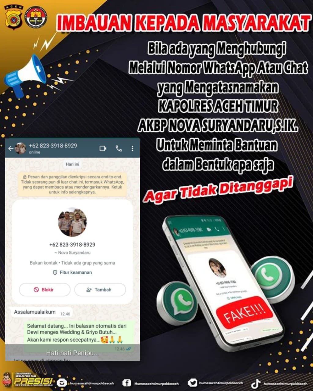 Hati Hati Terhadap Akun WhatsApp Mengatasnamakan Kapolres Aceh Timur