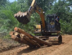 Tak Ada Akar Rotan Pun Jadi, Anggota Satgas TMMD ke 122 Kodim 0420 Sarko Gunakan Alat Berat Untuk Mobilisasi Kayu Jembatan Darurat 
