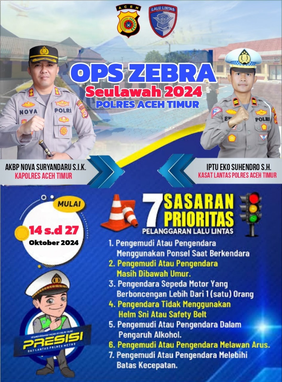 Mulai Tanggal 14 sampai dengan 27 Oktober, Satlantas Polres Aceh Timur Gelar Operasi Zebra Seulawah 2024, Ini Sasarannya.