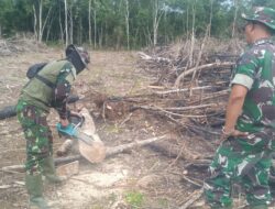 Anggota Satgas TMMD ke 122 Kodim Sarko Siapkan Kayu Penahan Gorong-gorong Untuk Jembatan Darurat