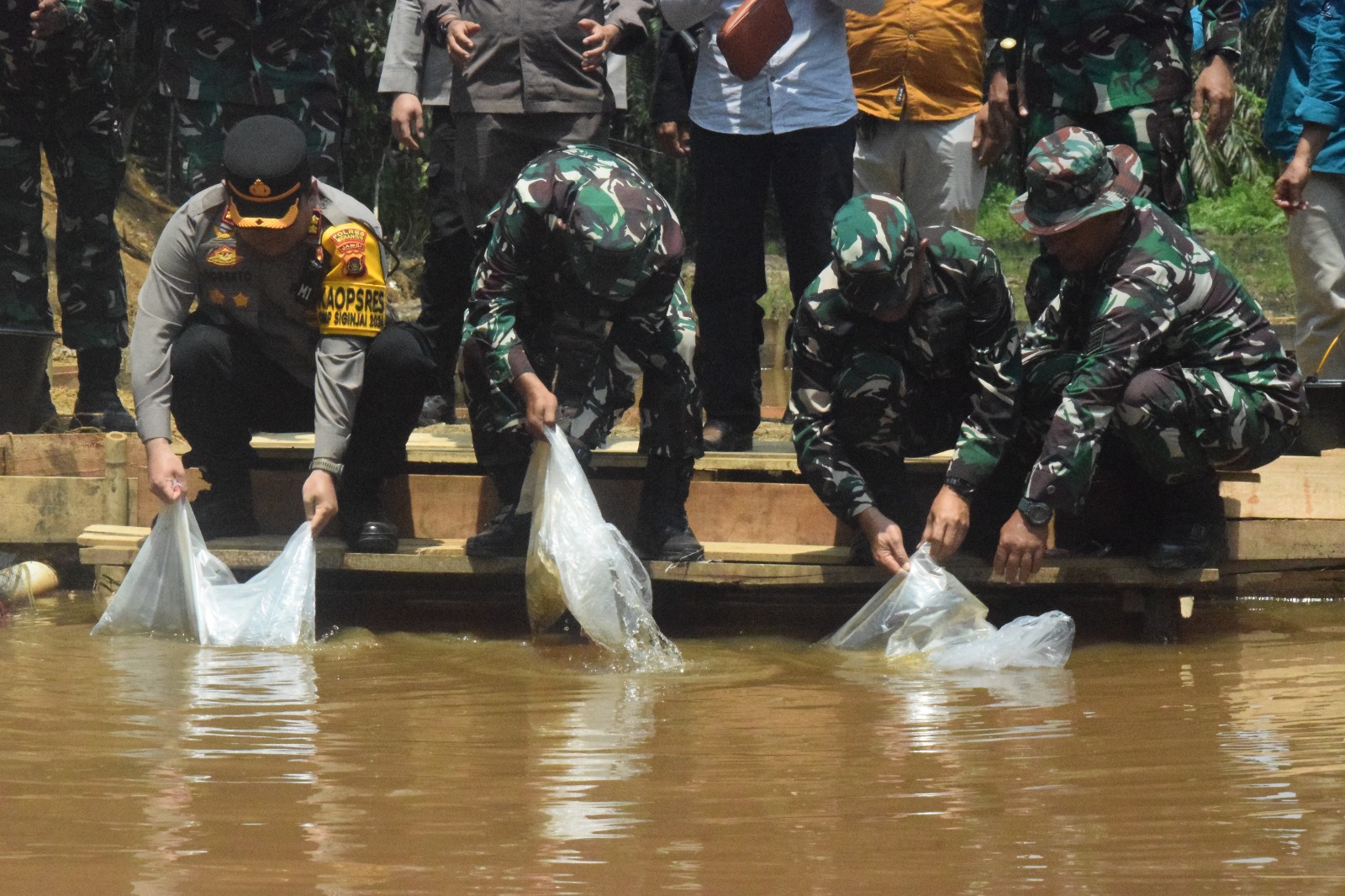 Danrem 042/Gapu Brigjen TNI Rachmad Lepaskan Bibit Ikan Nila di Lokasi Hanpangan TMMD ke 122 Kodim 0420/Sarko