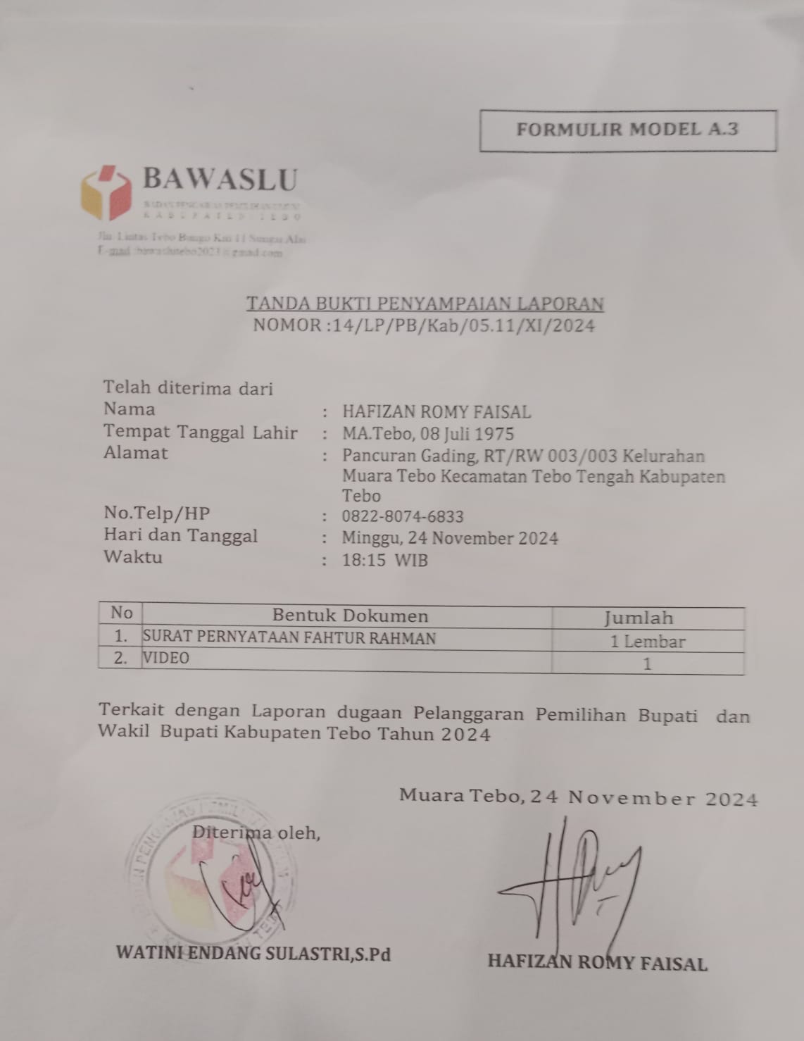 Dihari Tenang Cabup Tebo Agus Rubyanto Di Laporkan Ke Bawaslu