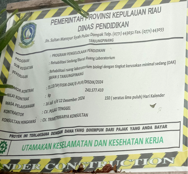 “Luar Biasa” Program Rehabilitasi Sekolah SMAN 5 Tanjungpinang kontraktor: CV. Pulau Tenggel Konsultan Pengawas: CV. Trimetrikarya Konsultan Sesuai Dengan Kerangka Acuan Kerja Serta Berpedoman pada Spesifikasi Teknik yang Berlaku Sehingga Diperoleh Hasil Pekerjaan yang sudah di Tetapkan