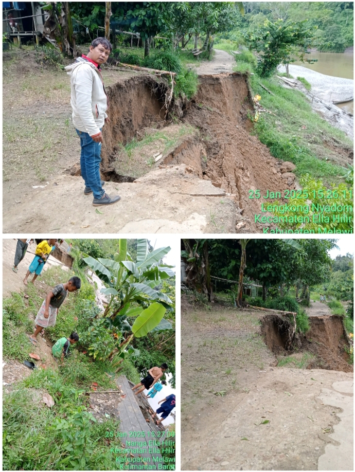 Longsor Jalan Di Desa Lengkong Nyadom Mengakibatkan Jalan Ambruk Di Karenakan Curah Hujan Dan Banjir  Di Kecamatan Ella hilir Kabupaten Melawi Sabtu 25/01/2025