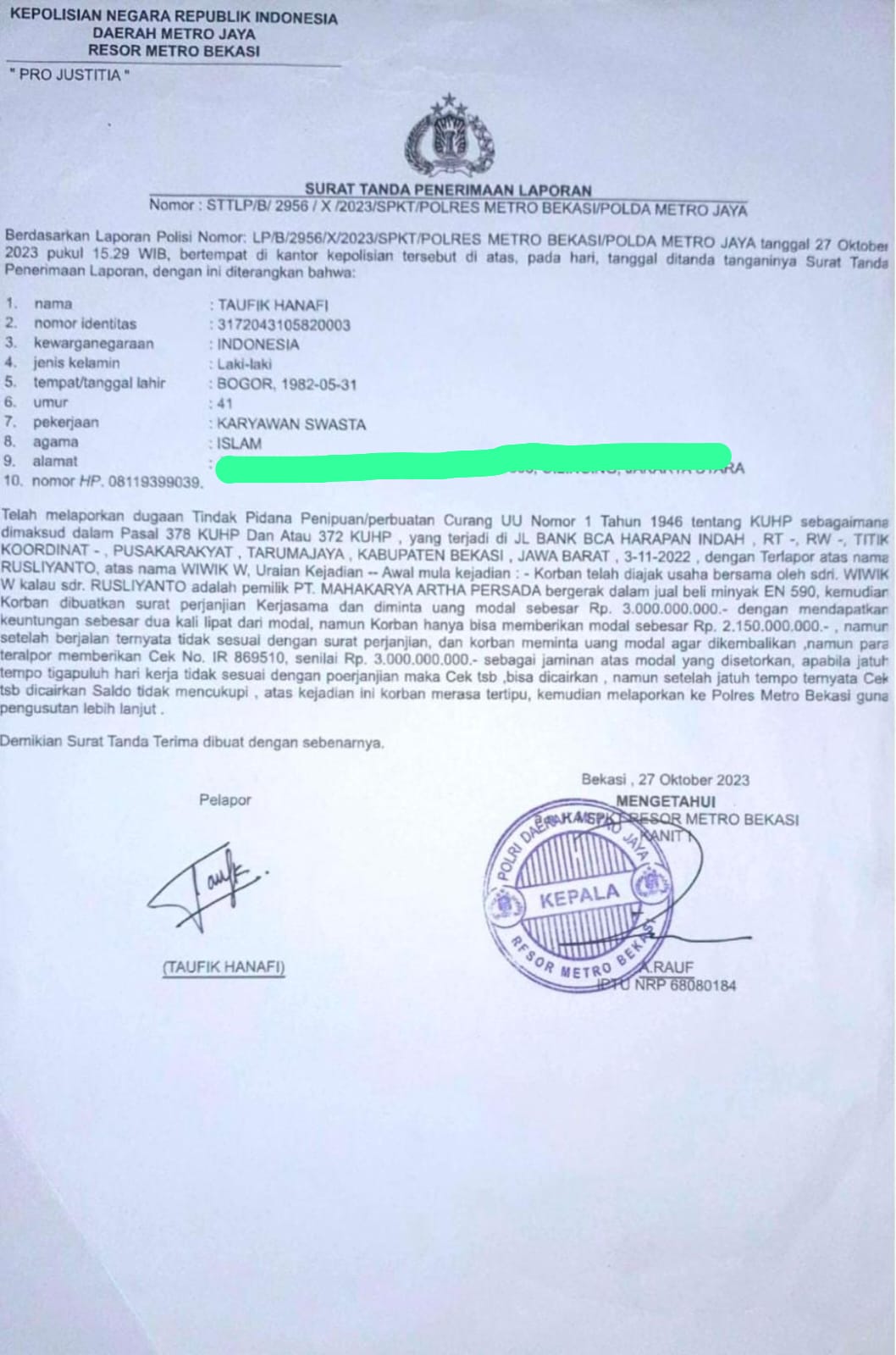 Kasus Penipuan Rp.3 Miliar Oleh PT.Mahakarya Artha Persada Mandek Di Polres Metro Bekasi