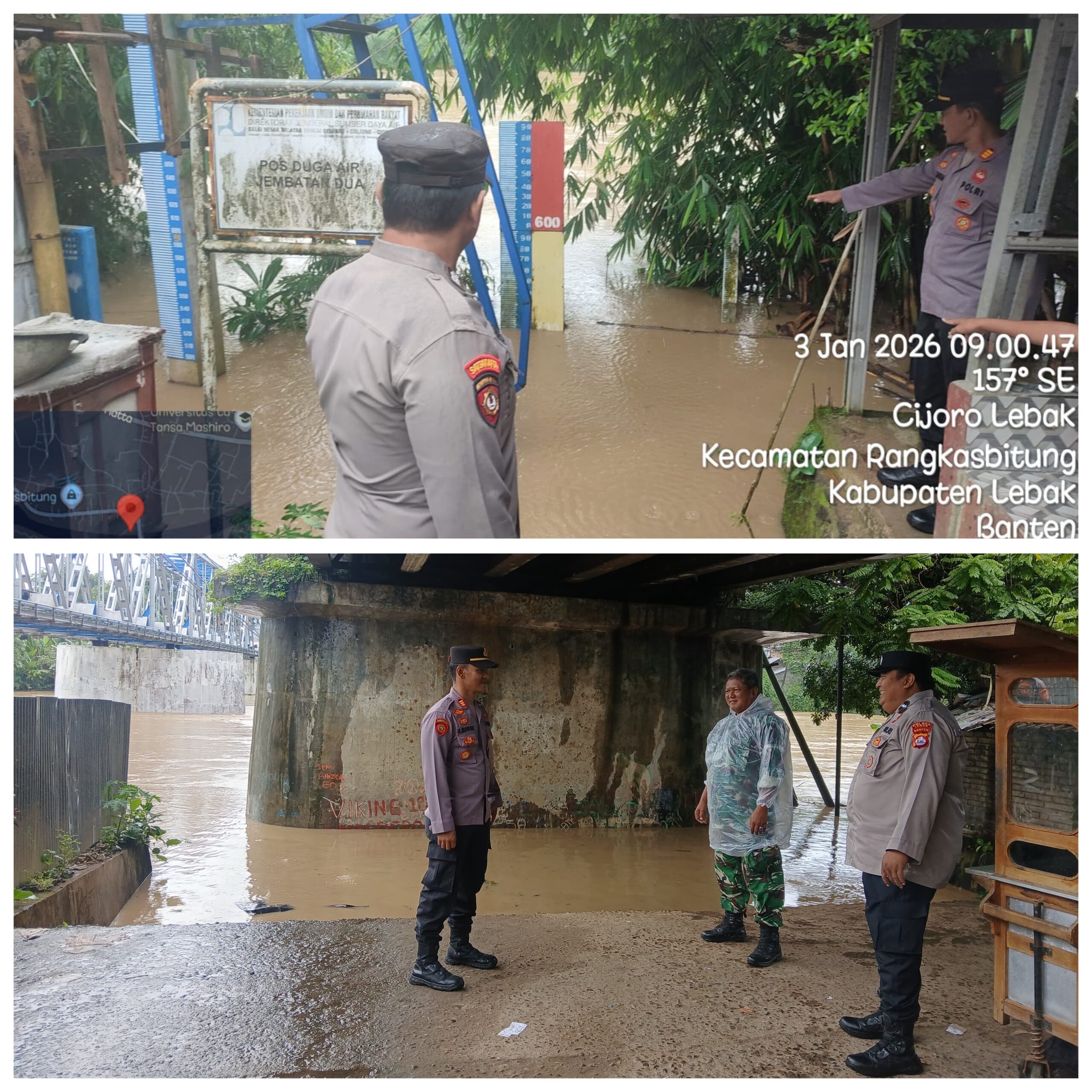 Kapolsek Rangkasbitung Polres Lebak dan Personil Pantau Debit Air Sungai Ciberang Dan Sungai Ciujung