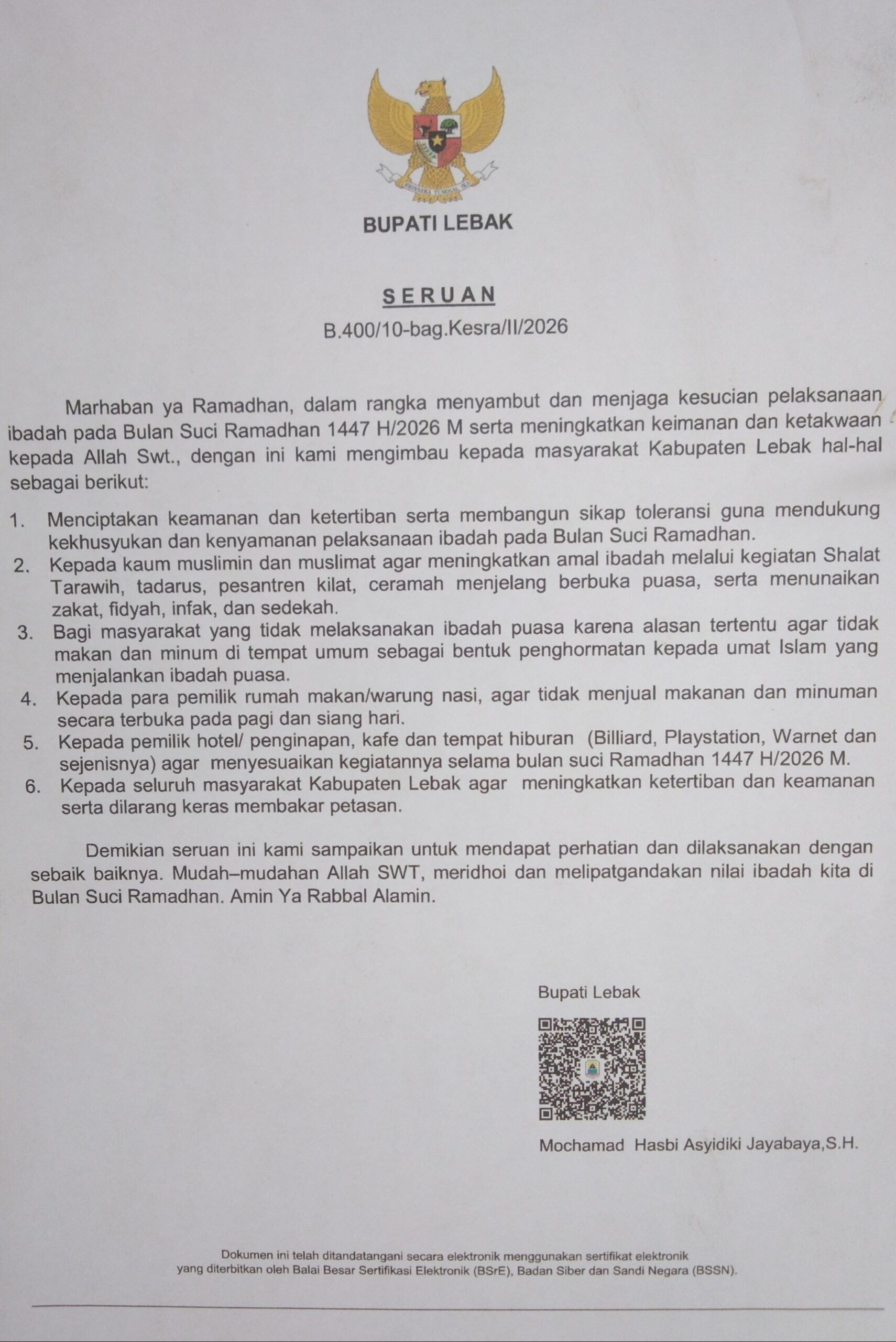 Bupati Lebak Imbau Masyarakat Jaga Kesucian Ramadhan